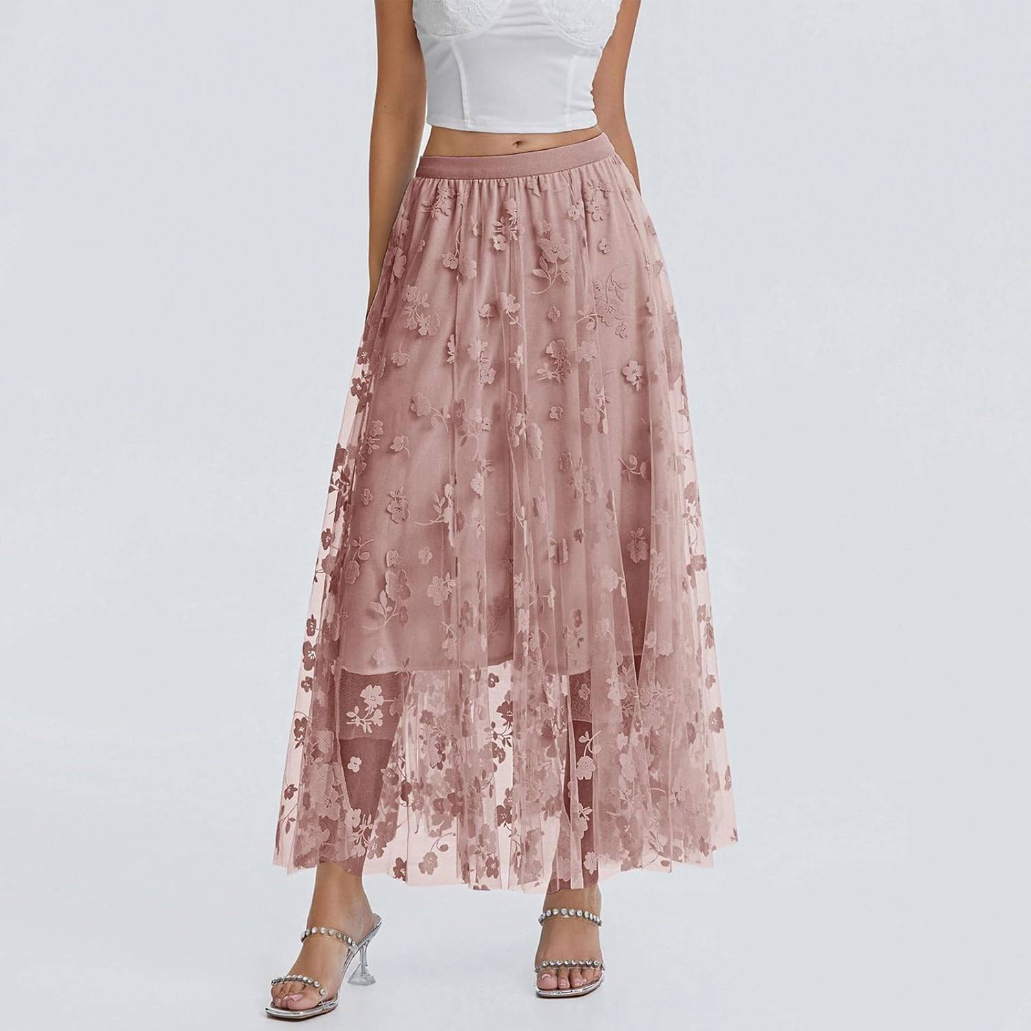 Women's Tulle Midi Skirt Elastic High Waist Layered Pleated Mesh Flowy A-Line Prom Party Long Tutu Skirts