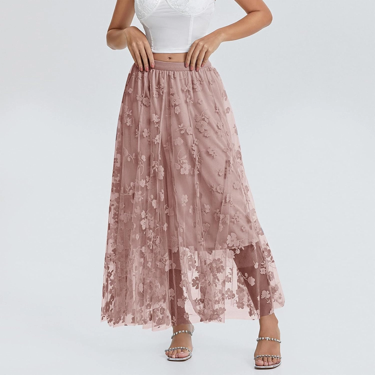 Women's Tulle Midi Skirt Elastic High Waist Layered Pleated Mesh Flowy A-Line Prom Party Long Tutu Skirts