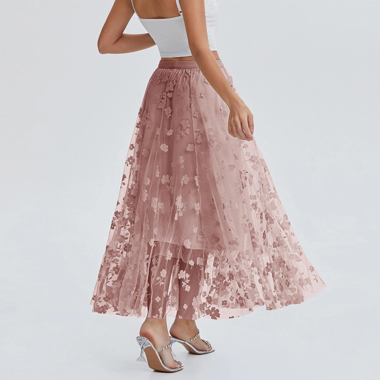Women's Tulle Midi Skirt Elastic High Waist Layered Pleated Mesh Flowy A-Line Prom Party Long Tutu Skirts