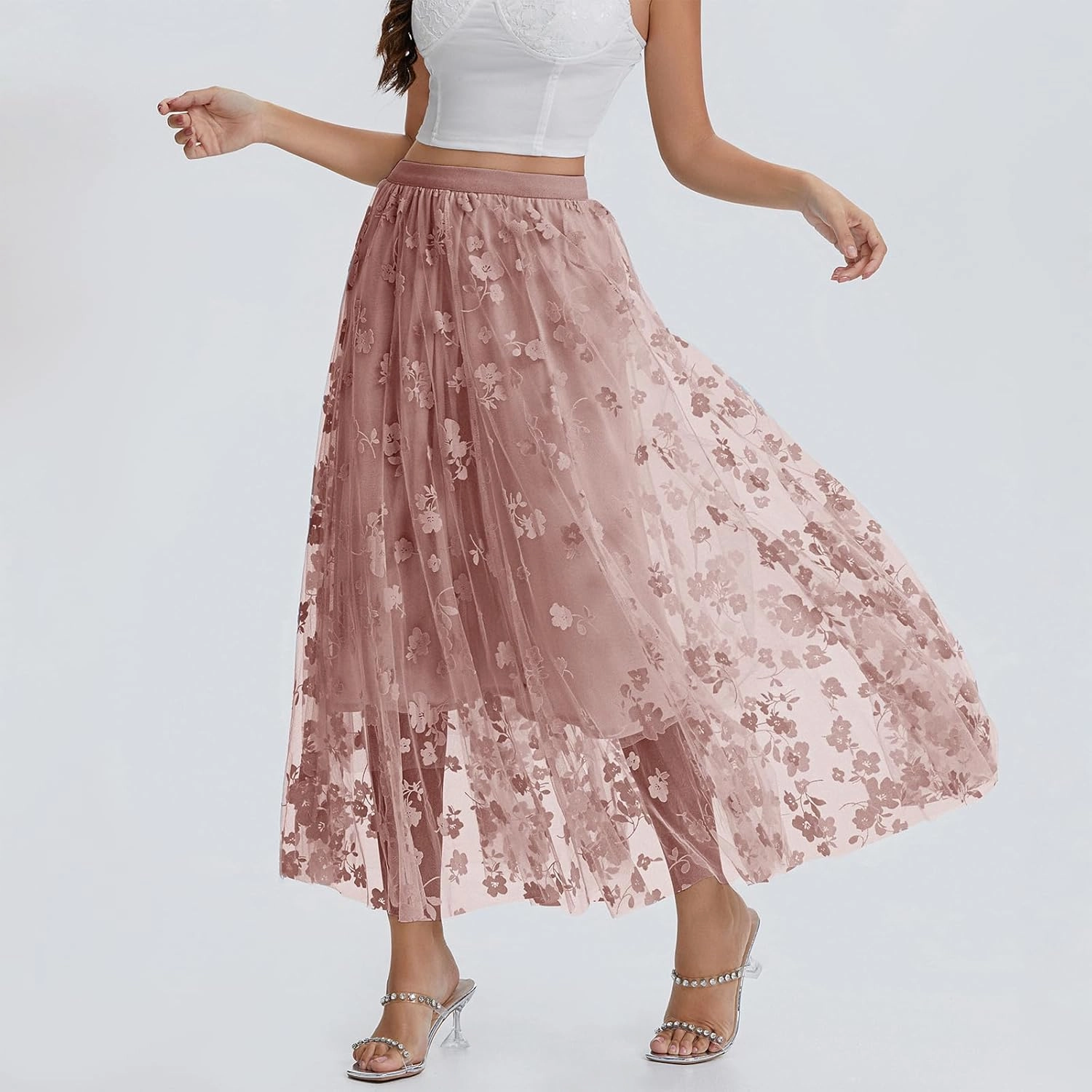 Women's Tulle Midi Skirt Elastic High Waist Layered Pleated Mesh Flowy A-Line Prom Party Long Tutu Skirts