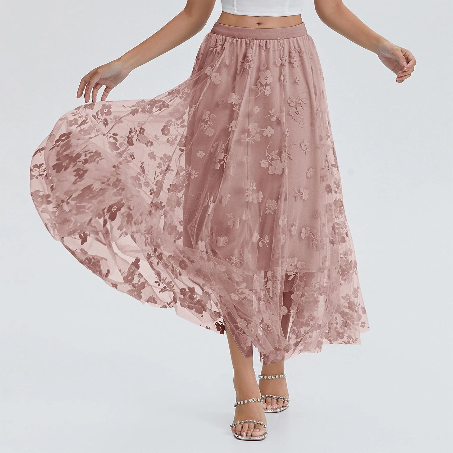 Women's Tulle Midi Skirt Elastic High Waist Layered Pleated Mesh Flowy A-Line Prom Party Long Tutu Skirts