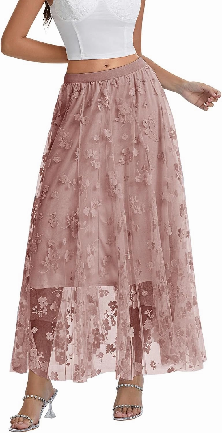 Women's Tulle Midi Skirt Elastic High Waist Layered Pleated Mesh Flowy A-Line Prom Party Long Tutu Skirts