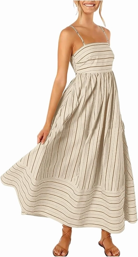 Women Striped Sleeveless Maxi Dress Swing Cutout Midi Dress Backless Smocked Spaghetti Strap Boho Flowy Long