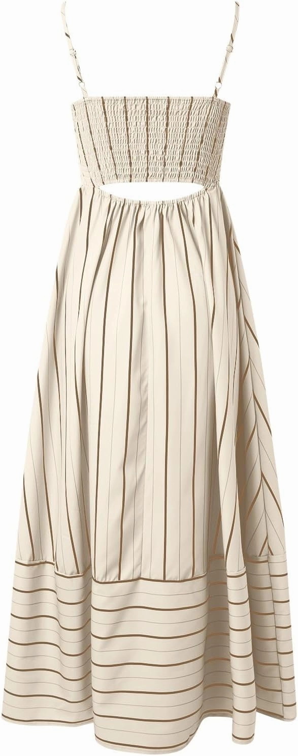 Women Striped Sleeveless Maxi Dress Swing Cutout Midi Dress Backless Smocked Spaghetti Strap Boho Flowy Long