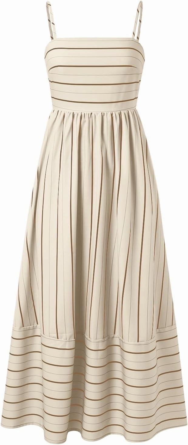 Women Striped Sleeveless Maxi Dress Swing Cutout Midi Dress Backless Smocked Spaghetti Strap Boho Flowy Long