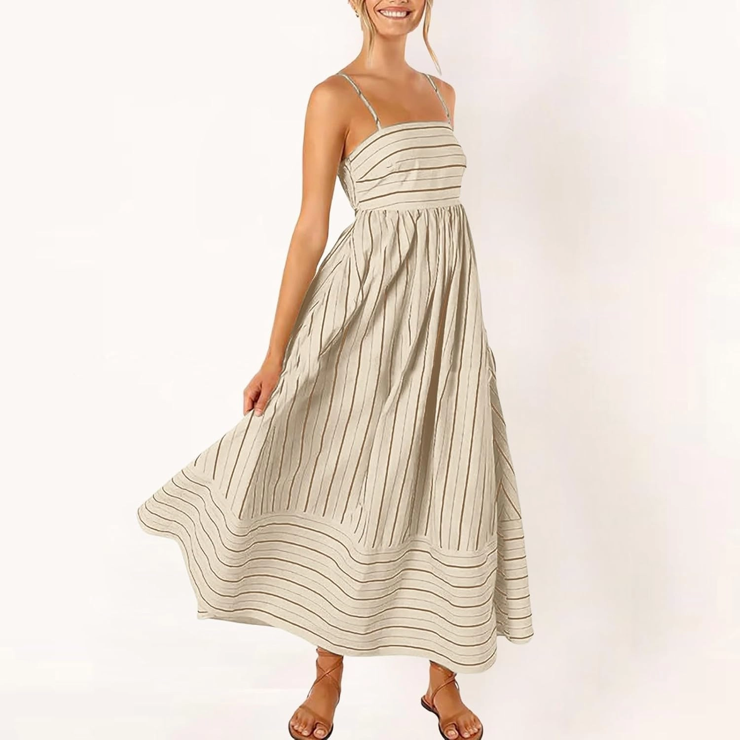 Women Striped Sleeveless Maxi Dress Swing Cutout Midi Dress Backless Smocked Spaghetti Strap Boho Flowy Long