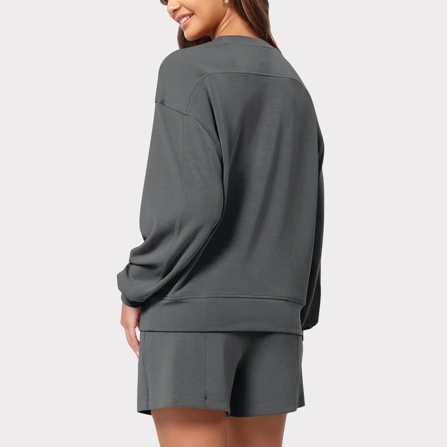 Womens 2 Piece Sets Fashion Fall Sweatsuit Long Sleeve Loose Sweatshirt Matching Shorts Lightweight Loungewear Sets
