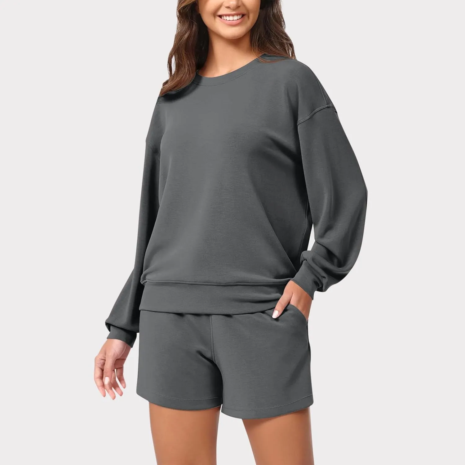 Womens 2 Piece Sets Fashion Fall Sweatsuit Long Sleeve Loose Sweatshirt Matching Shorts Lightweight Loungewear Sets