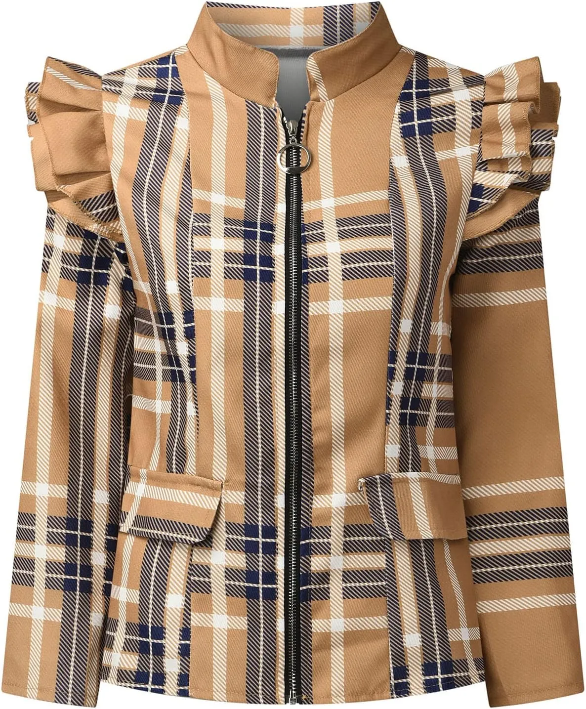 Womens Casual Blazers Fashion Print Ruffle Long Sleeve Open Front Work Office Blazer Bussiness Jackets with Pockets