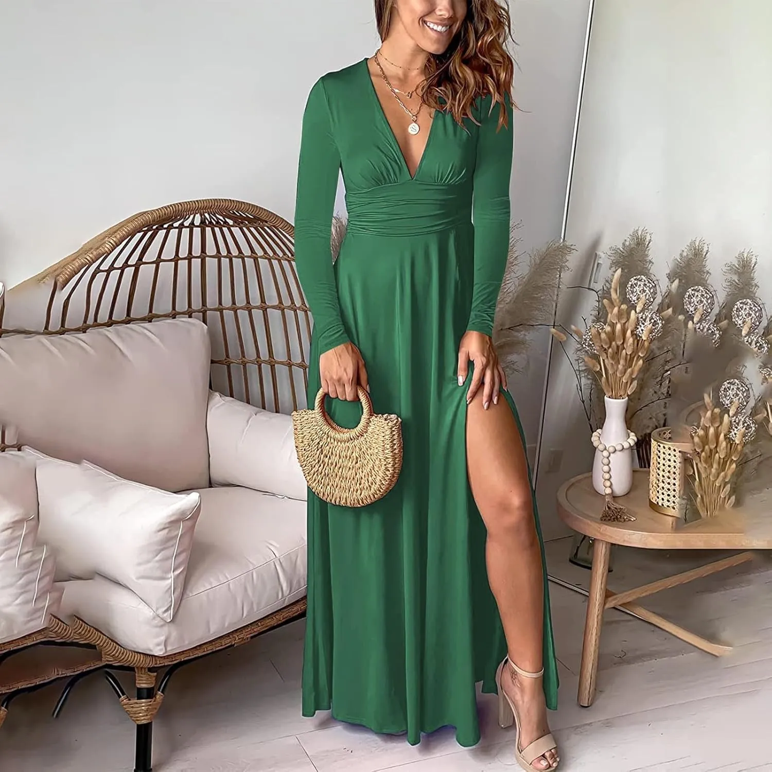 Women's Cocktail Gowns Dresses Fall V-Neck Pleated Elegant Casual Dress Sexy Side Split Club Night Prom Party Dresses