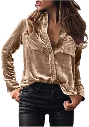 Womens Fall Tops Vintage Velvet Button Down Retro Long Sleeve Blouses Casual Office Formal Dressy Comfy Shirts