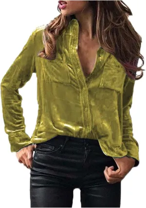 Womens Fall Tops Vintage Velvet Button Down Retro Long Sleeve Blouses Casual Office Formal Dressy Comfy Shirts