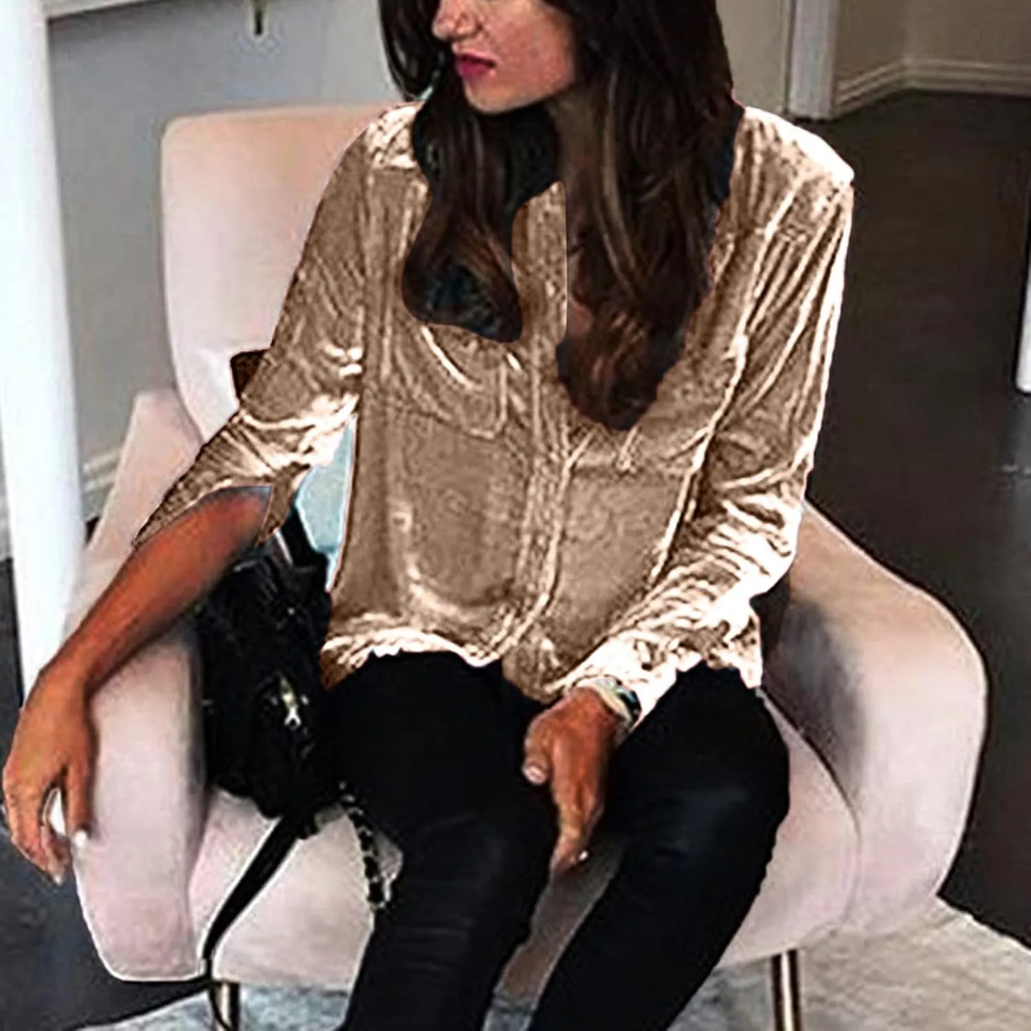 Womens Fall Tops Vintage Velvet Button Down Retro Long Sleeve Blouses Casual Office Formal Dressy Comfy Shirts
