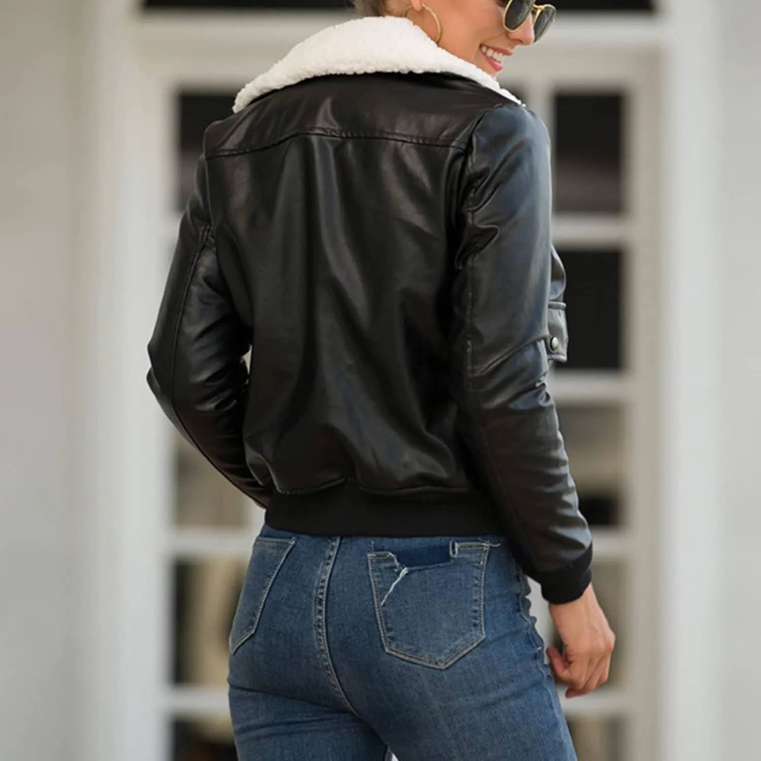 Women's Faux Leather Jacket with Velvet Padded Coat Zip Up Moto Biker Classic Short Jackets Motorcycle PU Outwear