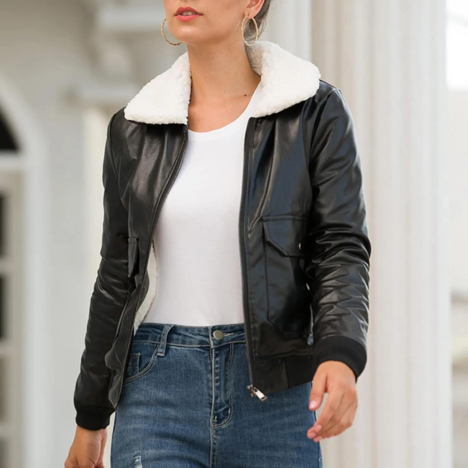 Women's Faux Leather Jacket with Velvet Padded Coat Zip Up Moto Biker Classic Short Jackets Motorcycle PU Outwear