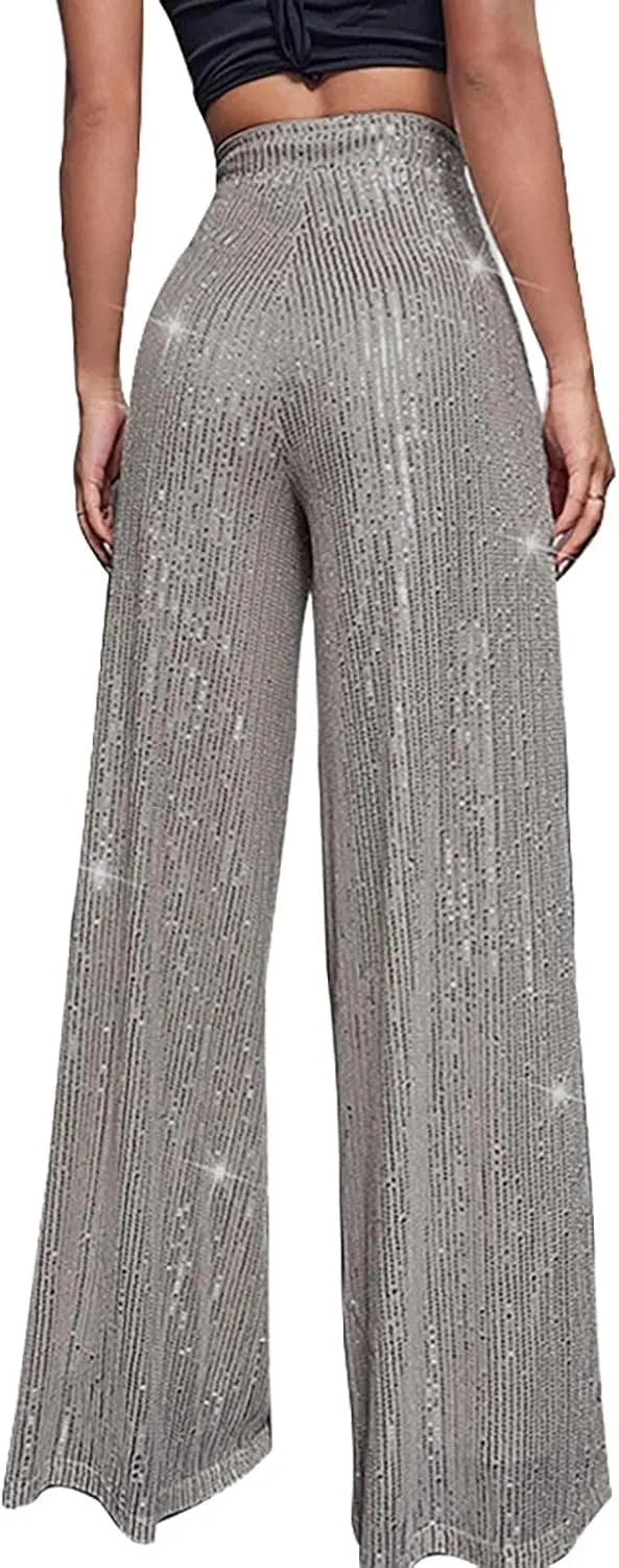 Women's High Waisted 80s Sparkle Sequin Pants Loose Drape Wide Leg Pants Women's Fashion Bling Glitter Dance Pants