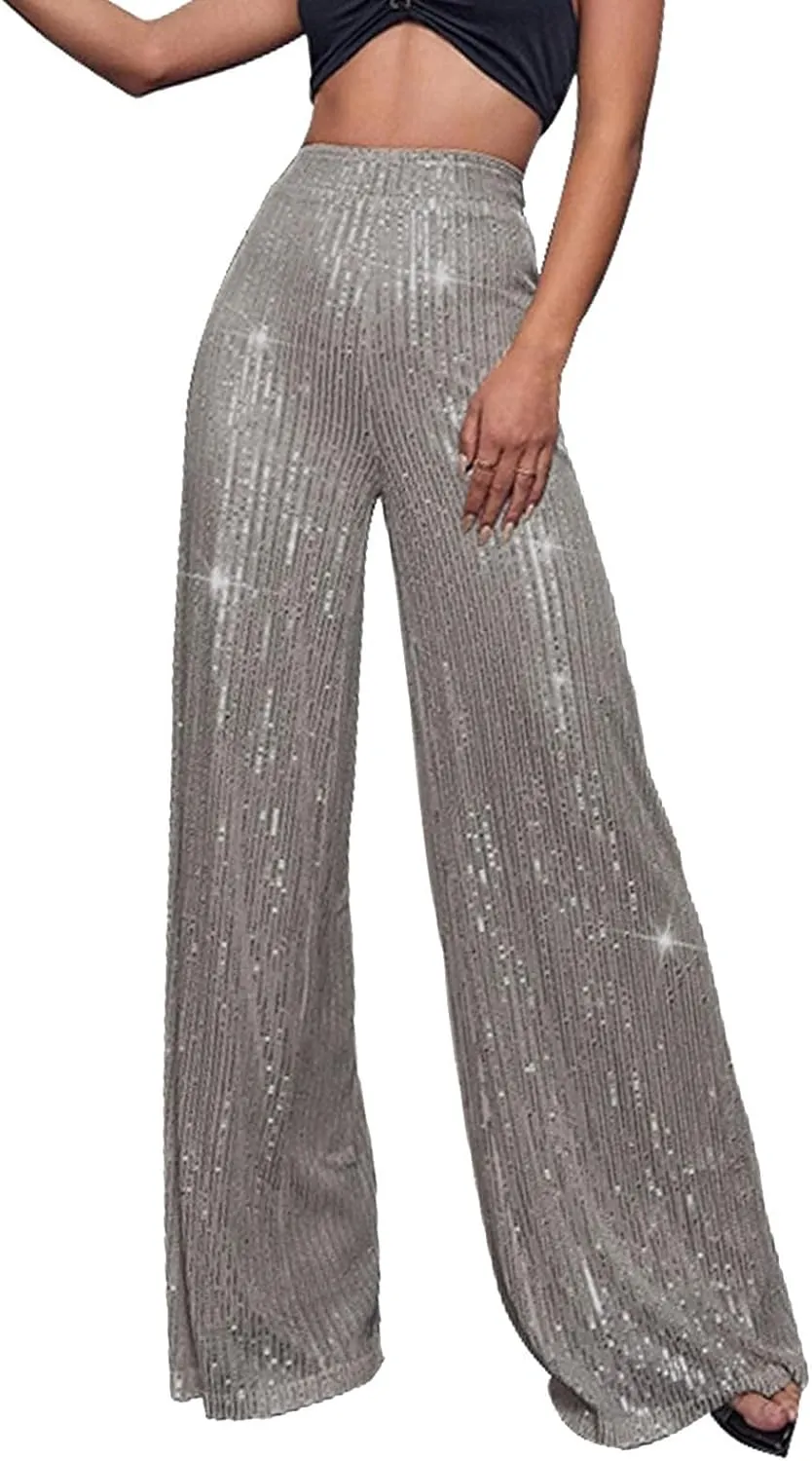 Women's High Waisted 80s Sparkle Sequin Pants Loose Drape Wide Leg Pants Women's Fashion Bling Glitter Dance Pants