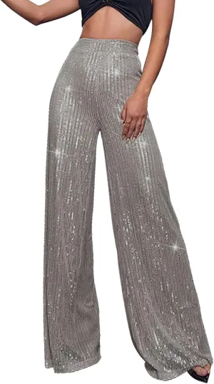 Women's High Waisted 80s Sparkle Sequin Pants Loose Drape Wide Leg Pants Women's Fashion Bling Glitter Dance Pants