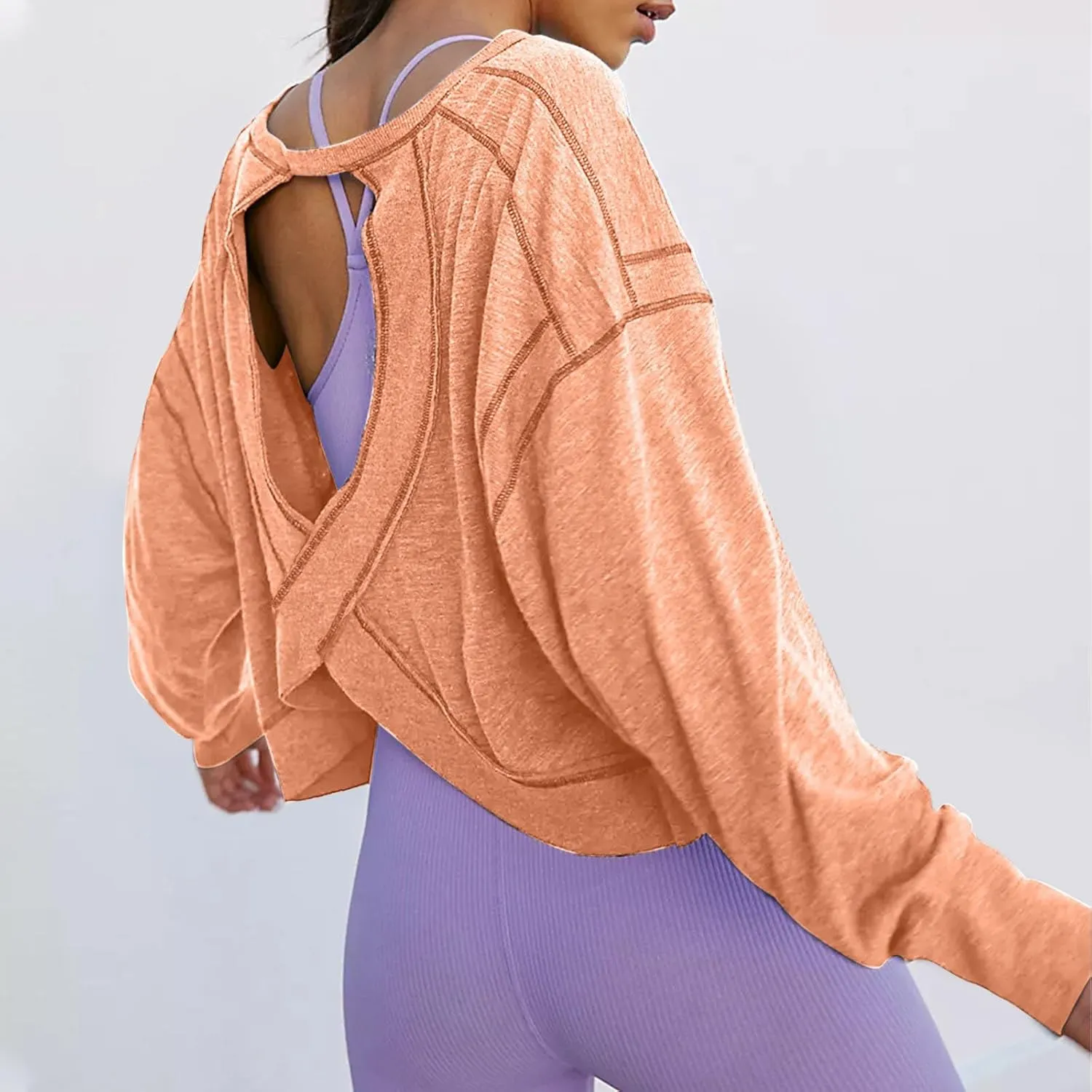 Womens Open Back Workout Tee Shirt Pullover Backless Long Sleeve Athletic Sweatshirt Running Crop Gym Yoga Cloth