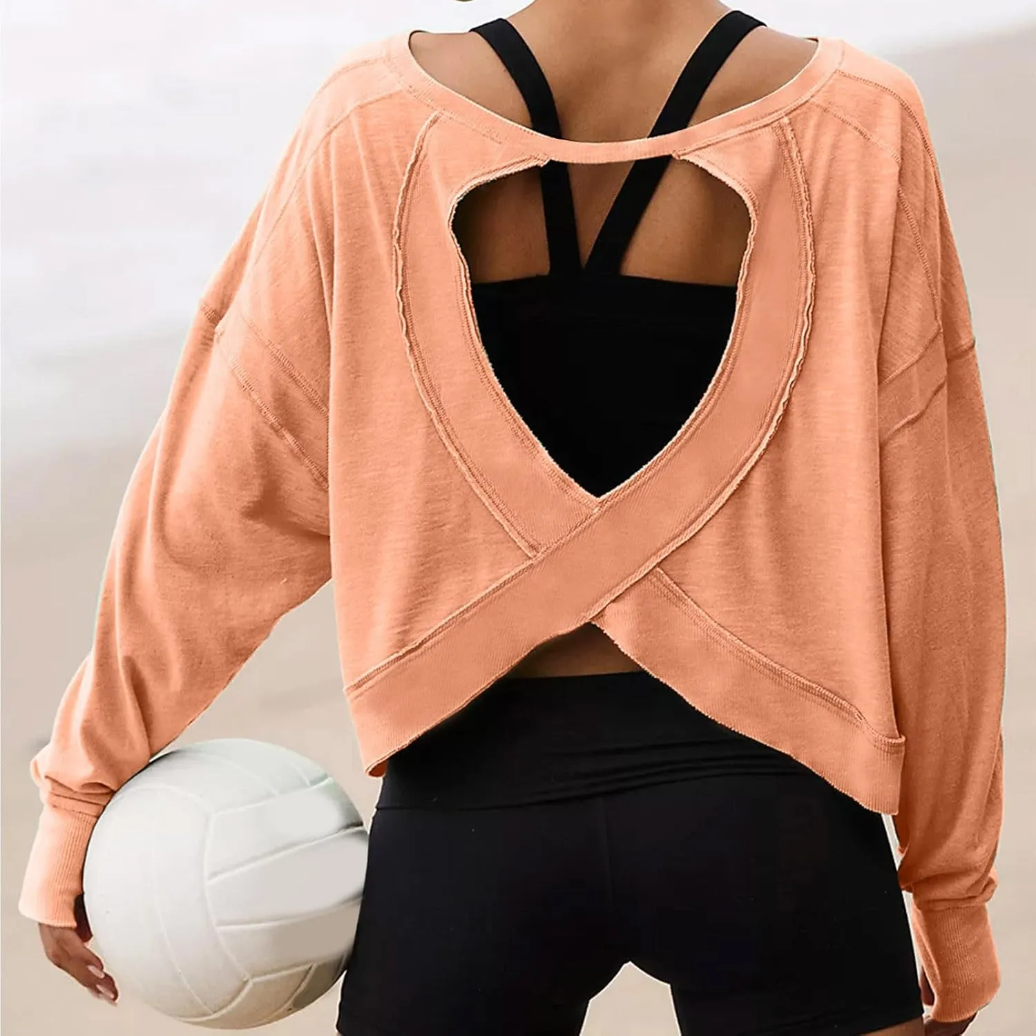 Womens Open Back Workout Tee Shirt Pullover Backless Long Sleeve Athletic Sweatshirt Running Crop Gym Yoga Cloth