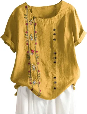Women's Plus Size Cotton Linen Blouses Embroidered Floral Print Tees Casual Roll Up Short Sleeve Crewneck Tunic Tops