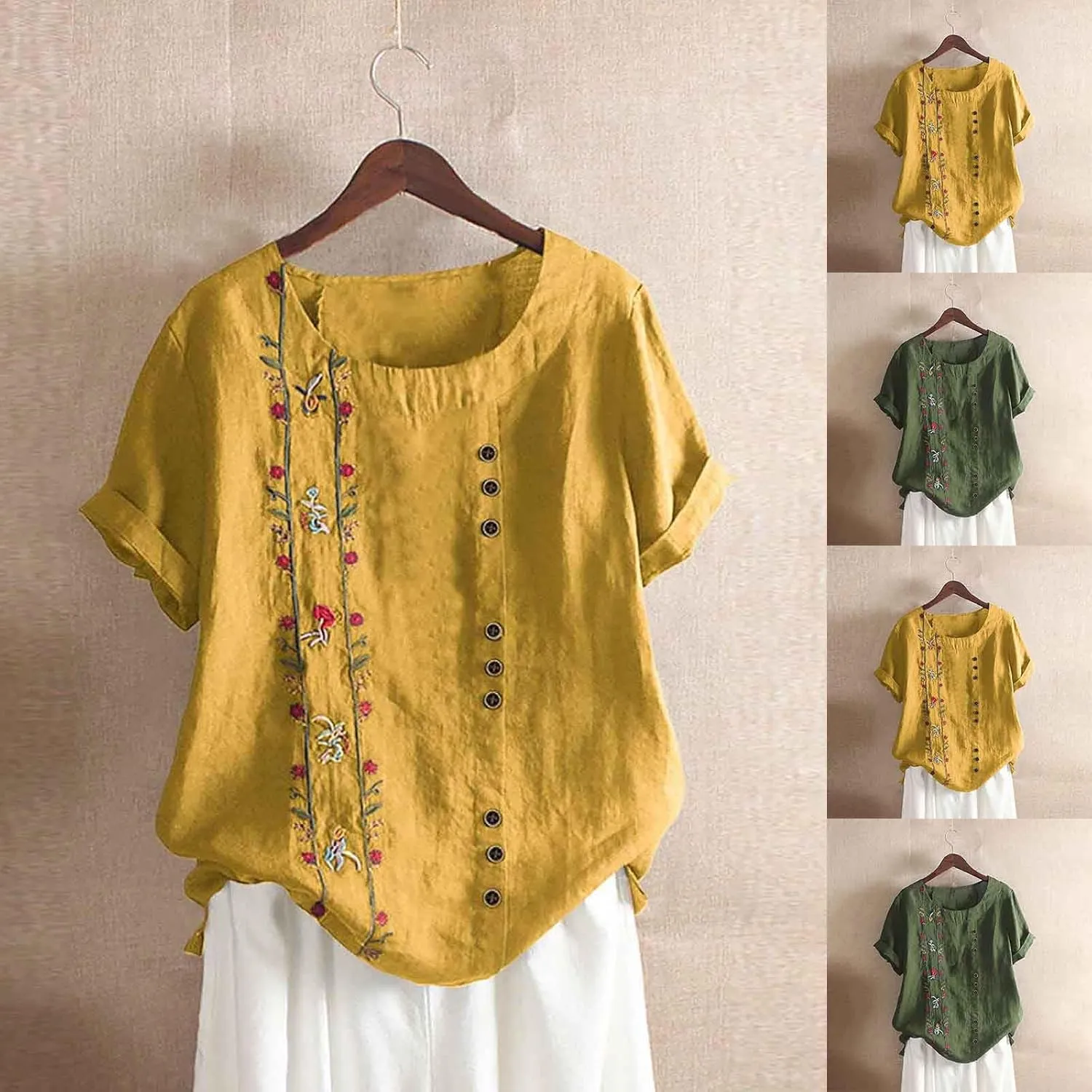 Women's Plus Size Cotton Linen Blouses Embroidered Floral Print Tees Casual Roll Up Short Sleeve Crewneck Tunic Tops