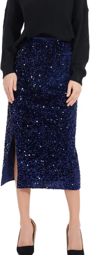 Women’s Sequin Velvet Skirt Elastic High Waist Sparkle Split Hem Night Out Party Maxi Skirt