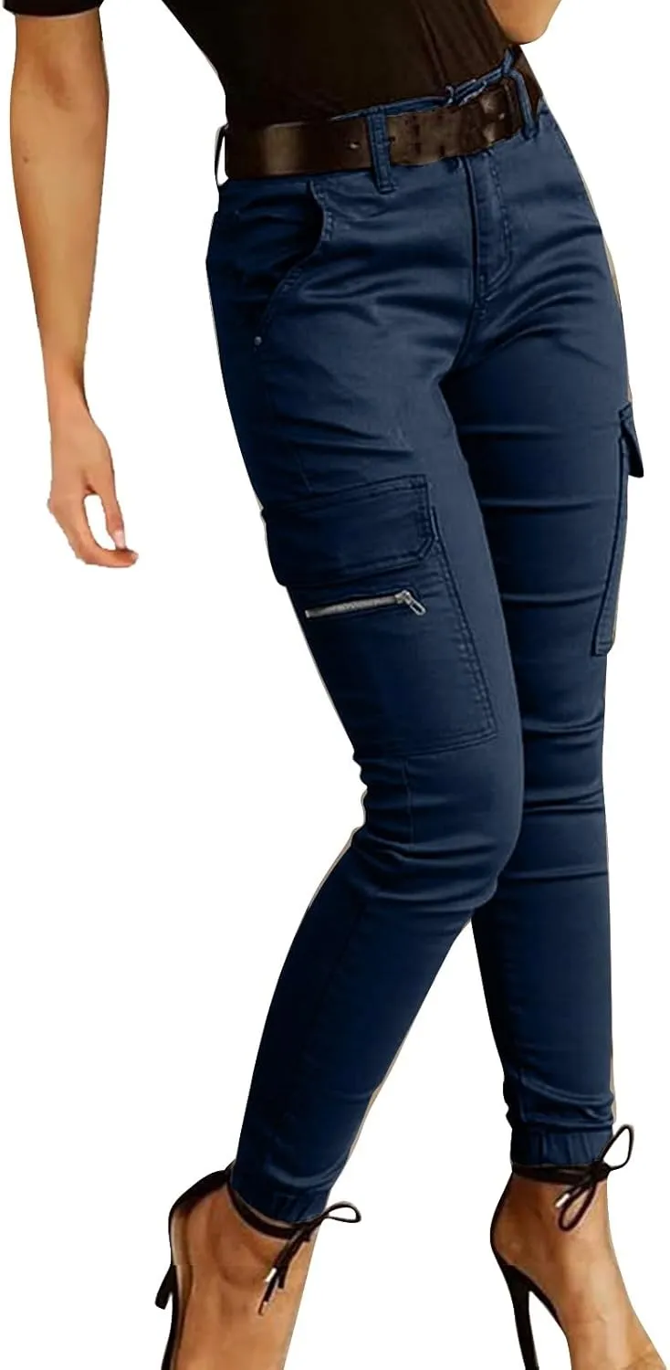 Womens Skinny Cargo Jeans with Pockets Mid Waist Flap Pocket Motorcycle Western Cowgirl Trousers Slim Fit Denim Pants