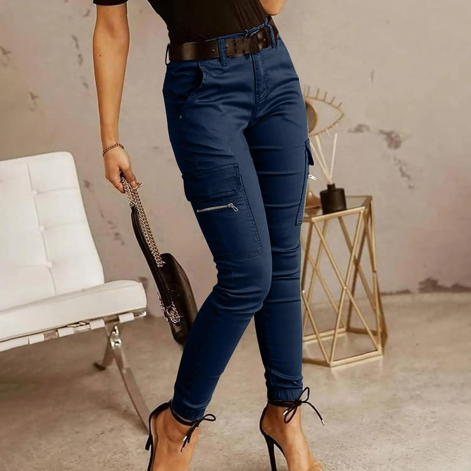 Womens Skinny Cargo Jeans with Pockets Mid Waist Flap Pocket Motorcycle Western Cowgirl Trousers Slim Fit Denim Pants