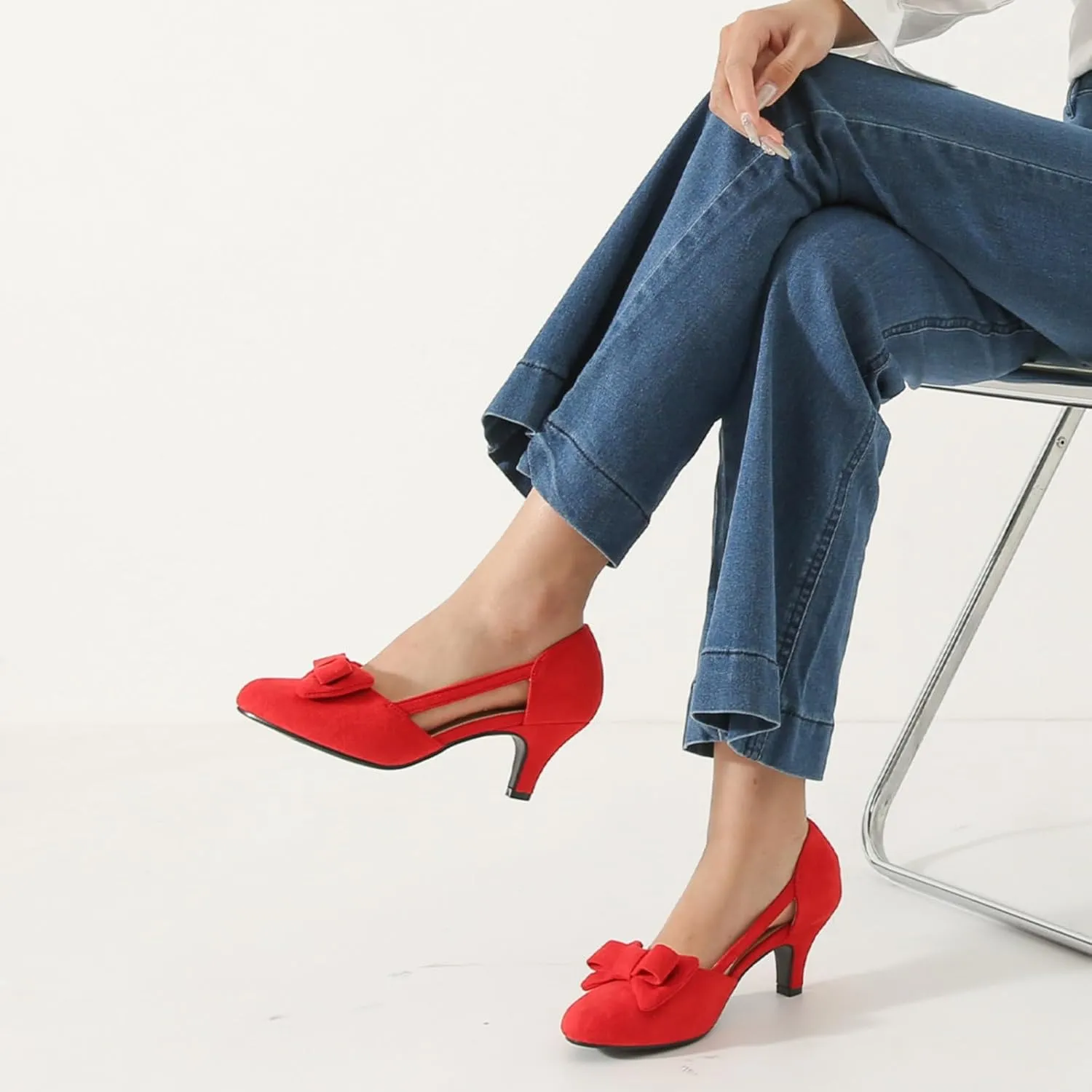 Women's Slip On Bow Kitten Heels Cutout Vintage Retro Low Heel Dress Shoes Wedding Work Party Pumps