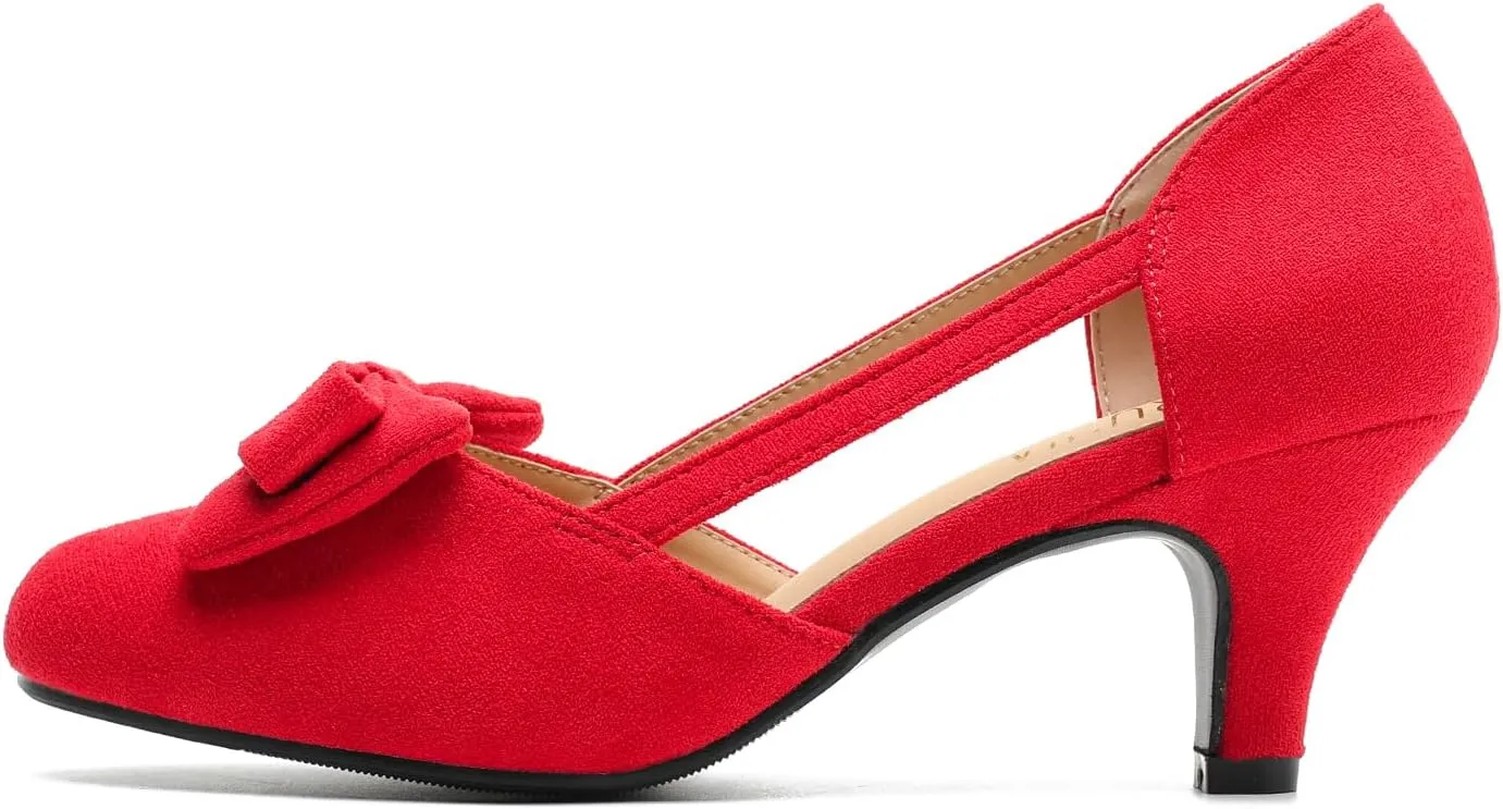 Women's Slip On Bow Kitten Heels Cutout Vintage Retro Low Heel Dress Shoes Wedding Work Party Pumps