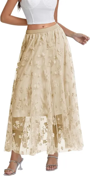 Women's Tulle Midi Skirt Elastic High Waist Layered Pleated Mesh Flowy A-Line Prom Party Long Tutu Skirts
