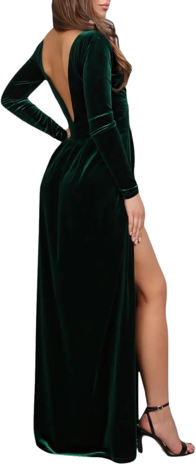 Womens Velvet Dress Winter Wedding Guest Dress Black Green Long Sleeve V Neck Bridesmaid Dresses Fall