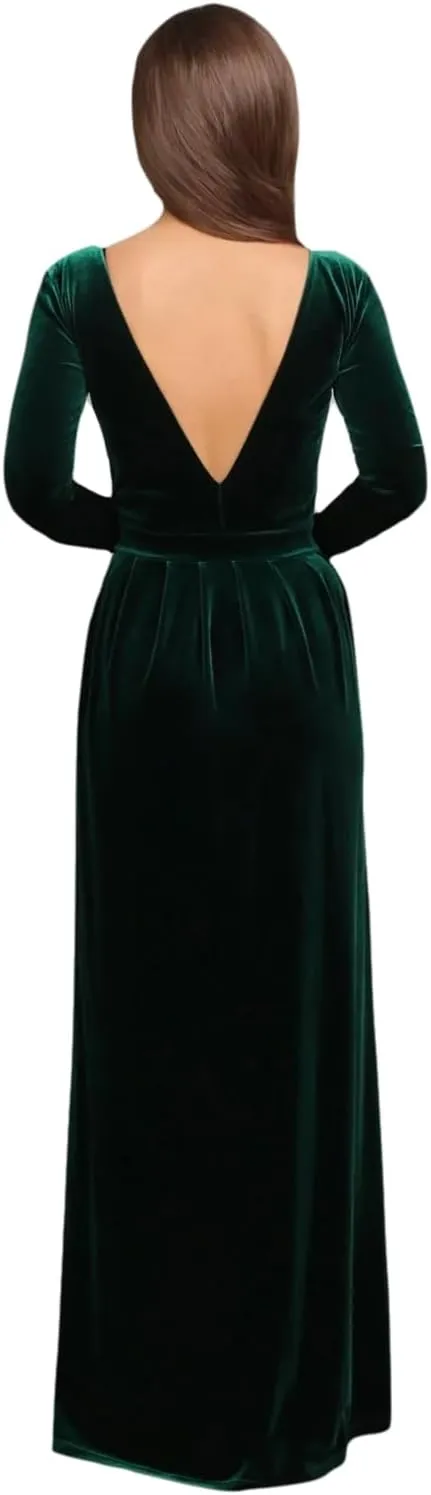 Womens Velvet Dress Winter Wedding Guest Dress Black Green Long Sleeve V Neck Bridesmaid Dresses Fall