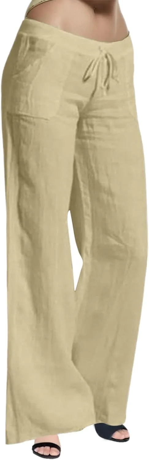 Women's Wide Leg Linen Pants Dressy Elastic High Waisted Palazzo Pant Yoga Pleated Trousers with Pocket