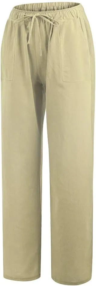 Women's Wide Leg Linen Pants Dressy Elastic High Waisted Palazzo Pant Yoga Pleated Trousers with Pocket