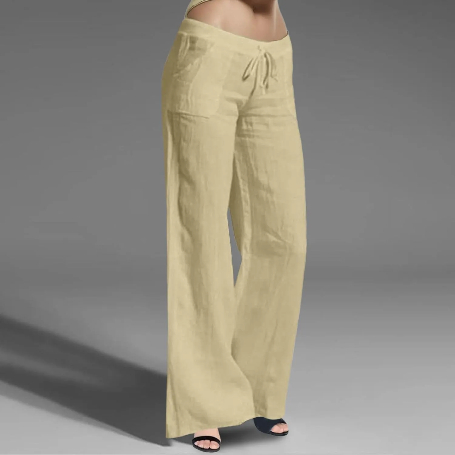 Women's Wide Leg Linen Pants Dressy Elastic High Waisted Palazzo Pant Yoga Pleated Trousers with Pocket