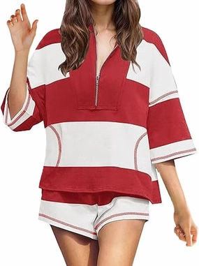 Womens 2 Piece Outfits Summer 2025 Striped Workout Set Oversized Matching Lounge Sets Quarter Zip Shirt and Shorts