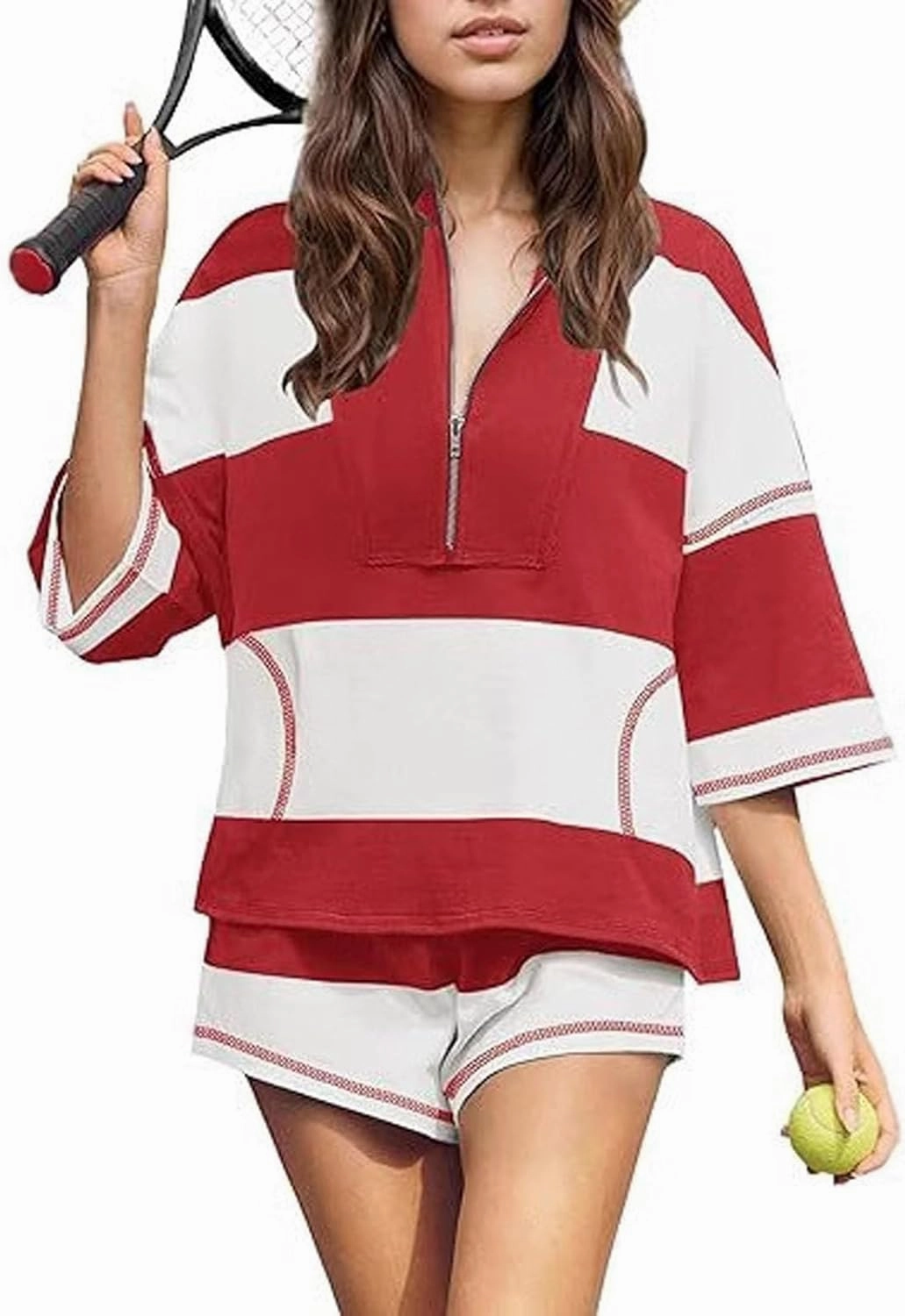 Womens 2 Piece Outfits Summer 2025 Striped Workout Set Oversized Matching Lounge Sets Quarter Zip Shirt and Shorts