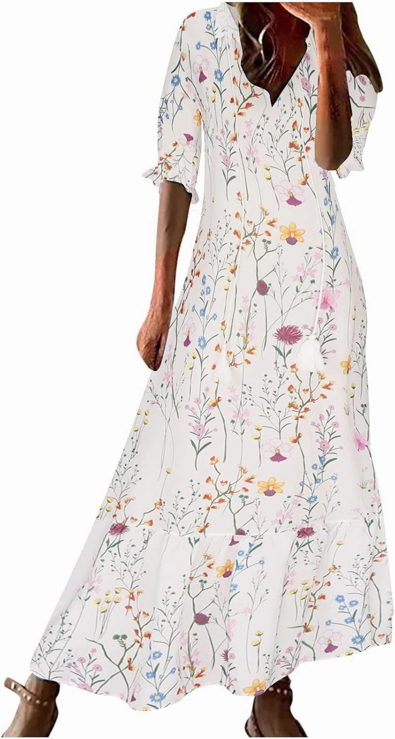 Womens Boho Printed Spring Summer Dress - V-Neck, Three-Quarter Sleeve, A-Line, Hide Belly