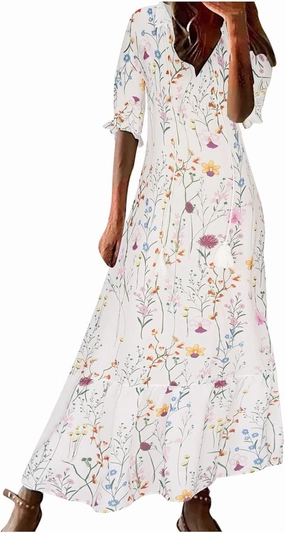 Womens Boho Printed Spring Summer Dress - V-Neck, Three-Quarter Sleeve, A-Line, Hide Belly