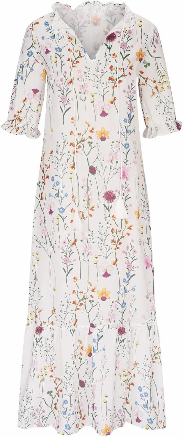 Womens Boho Printed Spring Summer Dress - V-Neck, Three-Quarter Sleeve, A-Line, Hide Belly