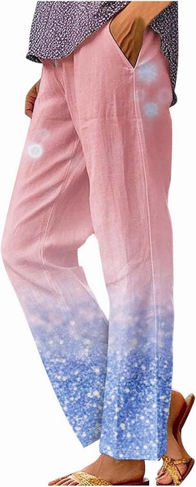 Womens Cotton Linen Pants Elastic High Waist Straight Leg Loose Comfy Lounge Pants Casual Slacks Summer Trousers