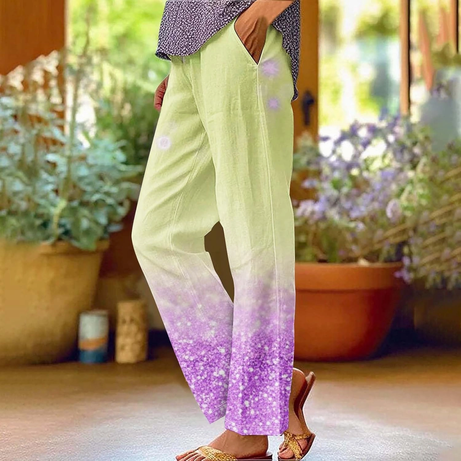 Womens Cotton Linen Pants Elastic High Waist Straight Leg Loose Comfy Lounge Pants Casual Slacks Summer Trousers