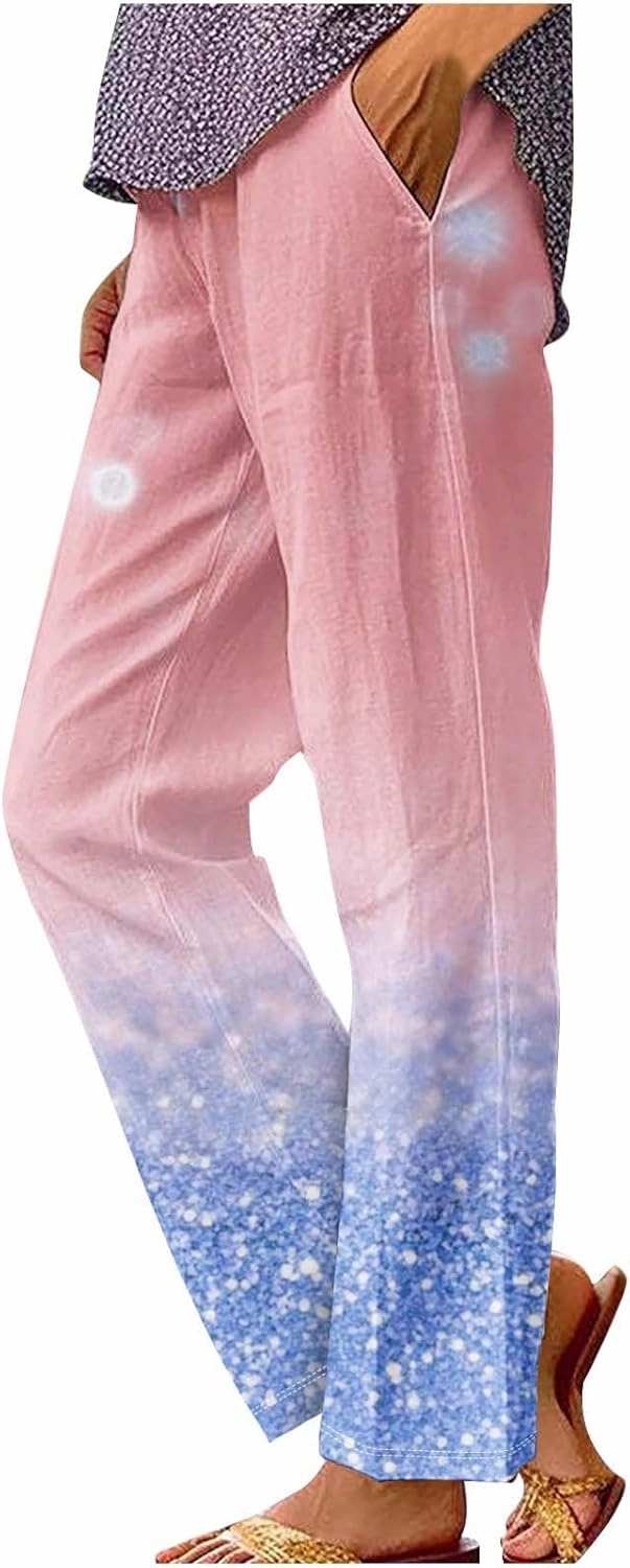Womens Cotton Linen Pants Elastic High Waist Straight Leg Loose Comfy Lounge Pants Casual Slacks Summer Trousers