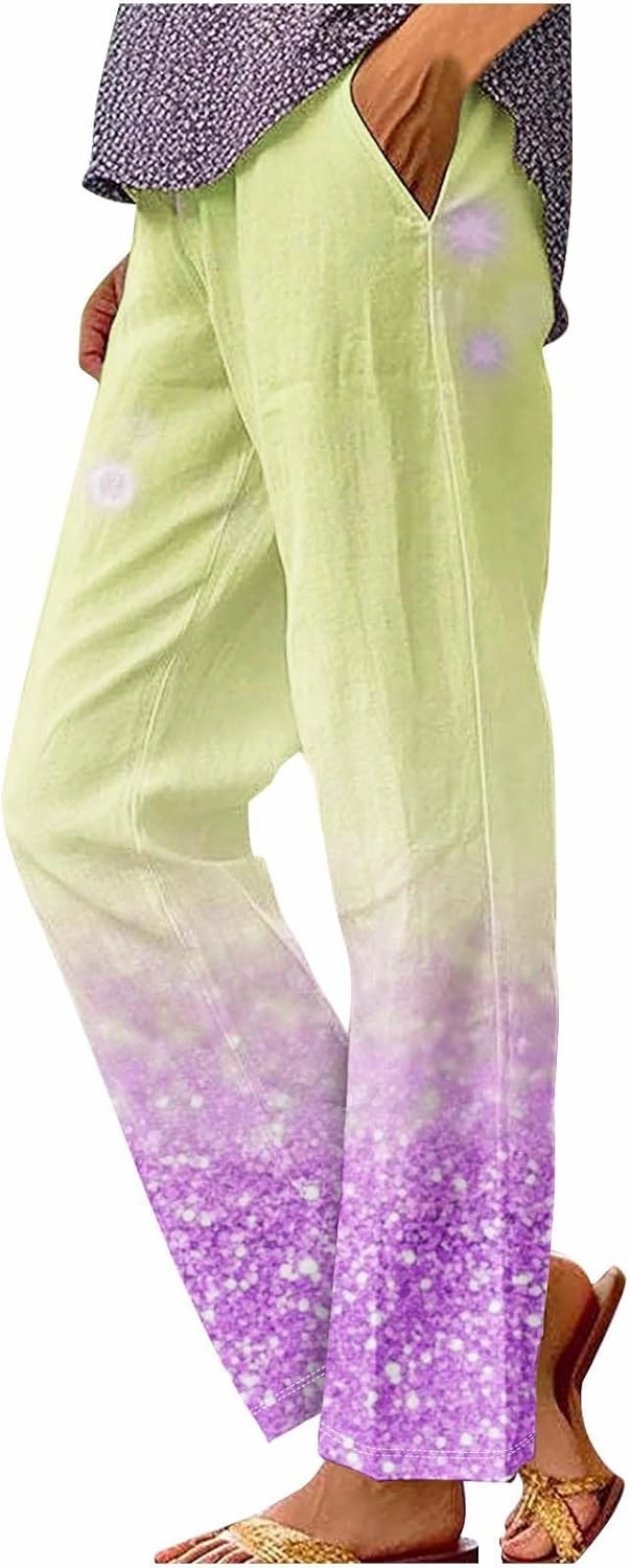 Womens Cotton Linen Pants Elastic High Waist Straight Leg Loose Comfy Lounge Pants Casual Slacks Summer Trousers