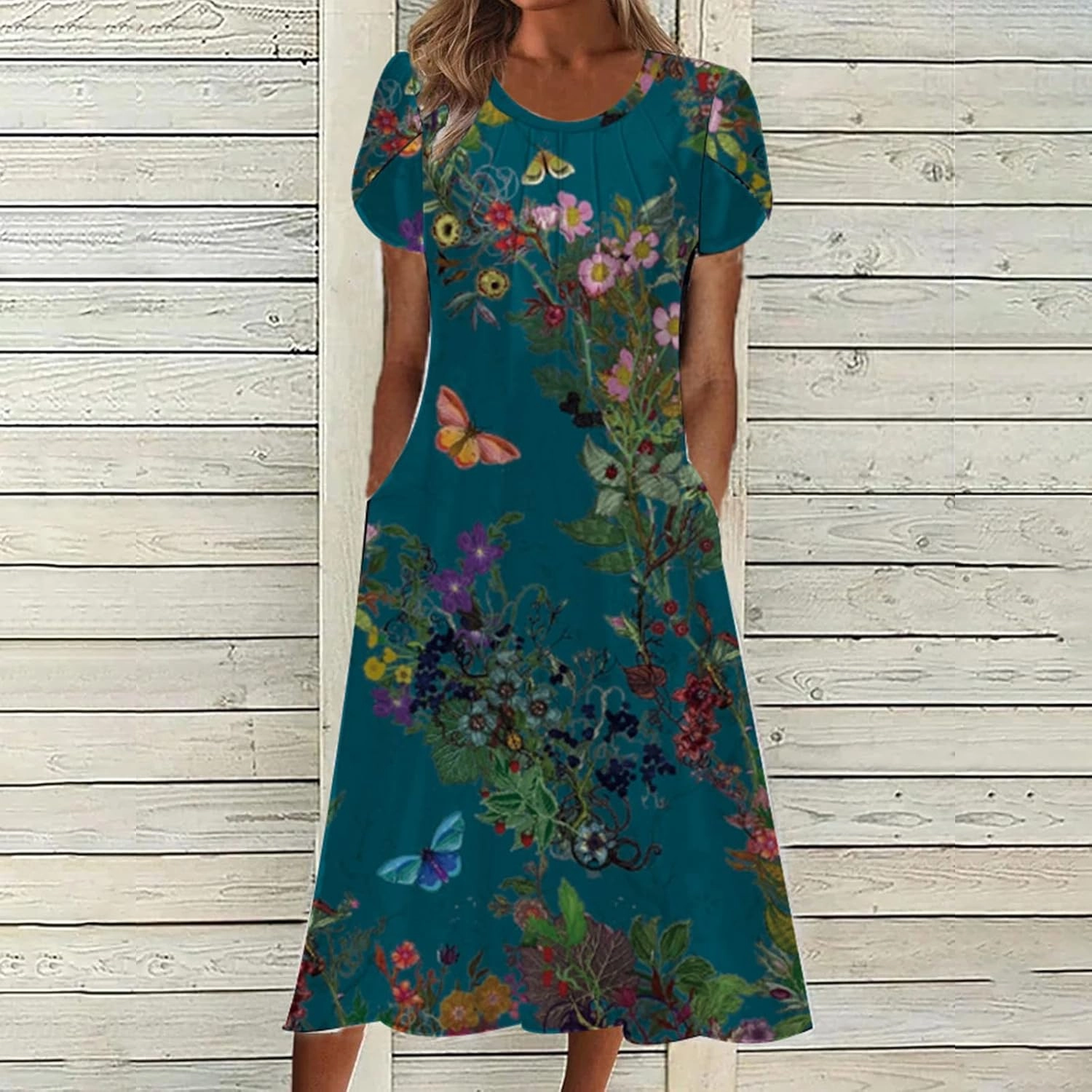 Womens Dress Trendy 2024 Floral Printed Pleated Casual Dresses with Cross Pockets Crewneck Short Sleeve Maxi Dresses