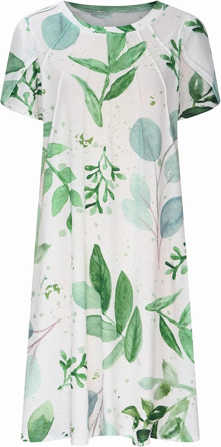 Womens Dress Trendy 2024 Floral Printed Pleated Casual Dresses with Cross Pockets Crewneck Short Sleeve Maxi Dresses