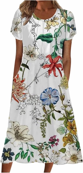 Womens Dress Trendy 2024 Floral Printed Pleated Casual Dresses with Cross Pockets Crewneck Short Sleeve Maxi Dresses