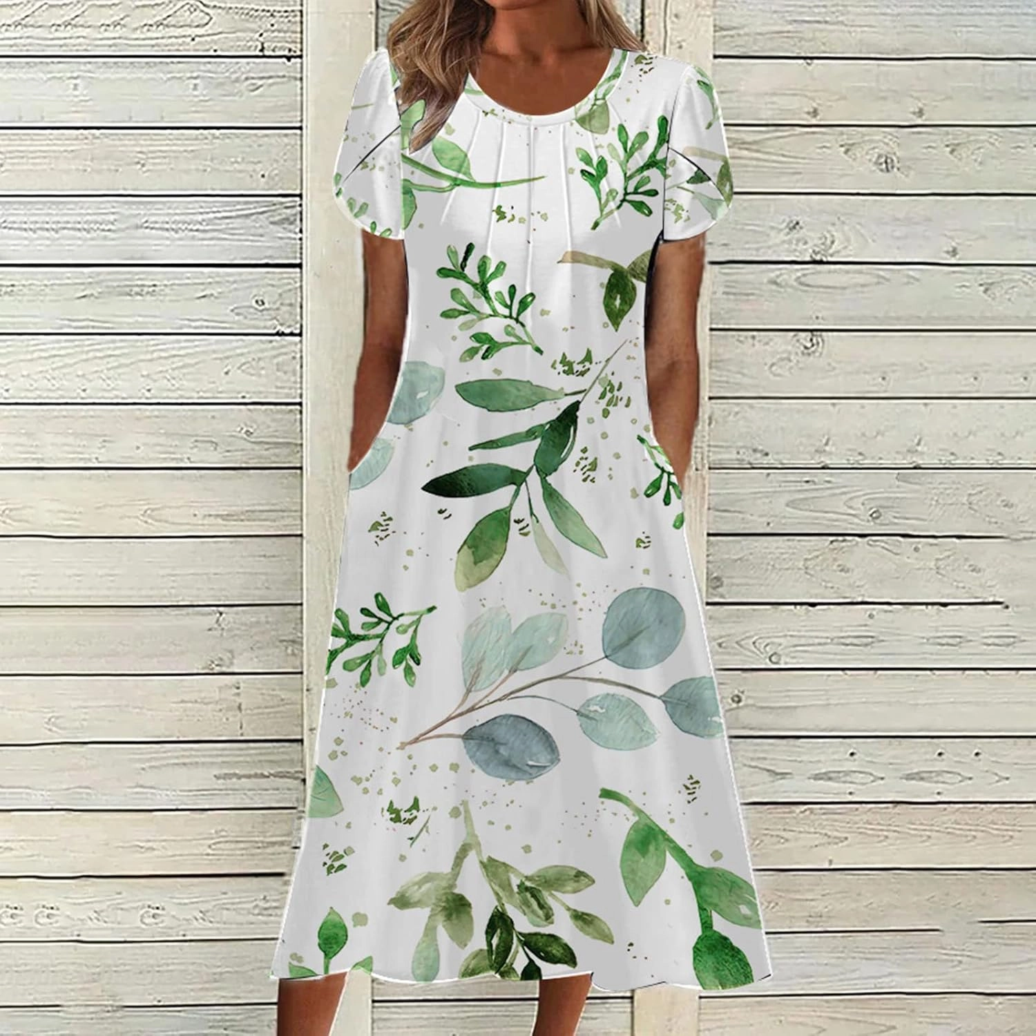 Womens Dress Trendy 2024 Floral Printed Pleated Casual Dresses with Cross Pockets Crewneck Short Sleeve Maxi Dresses